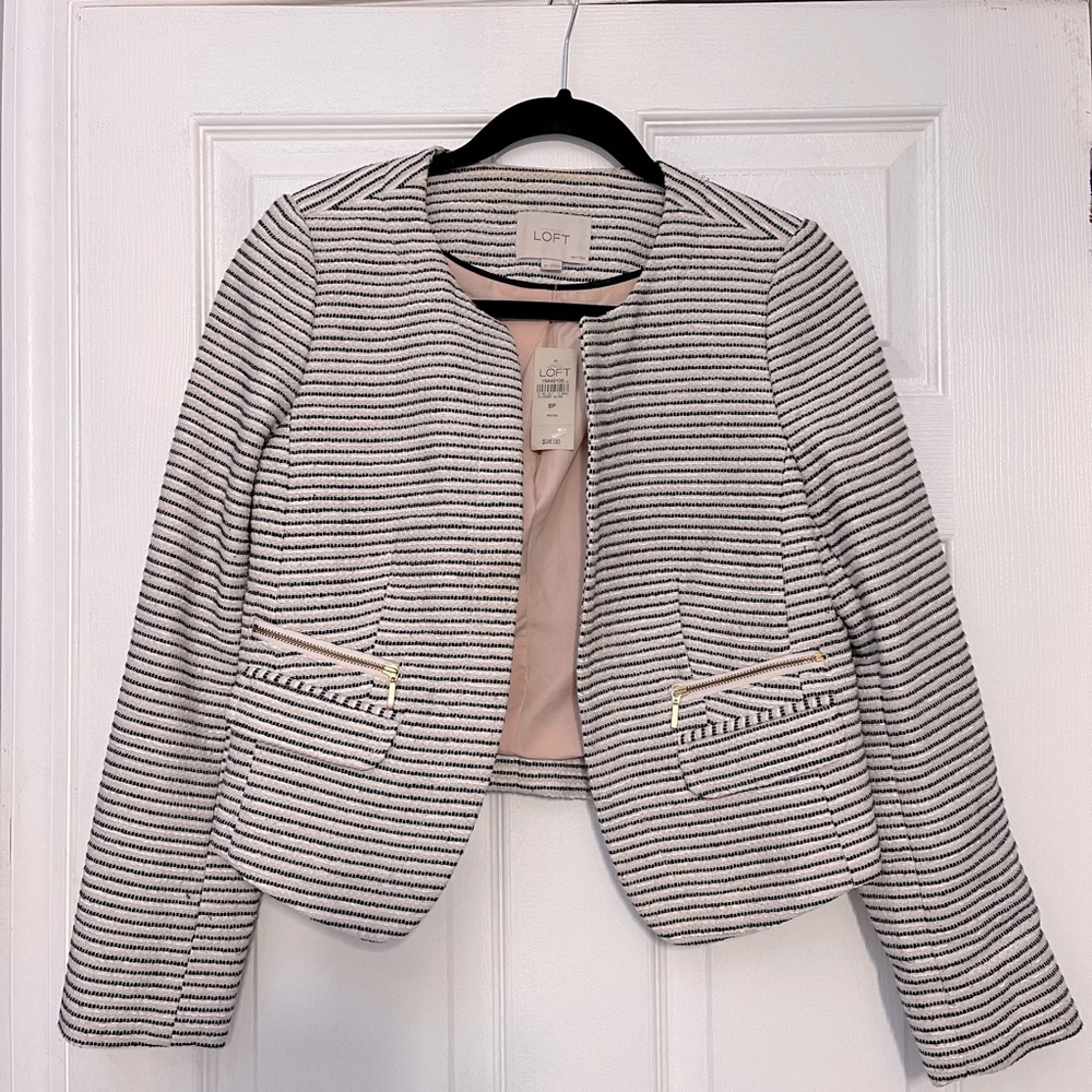 NWT -LOFT Black and White striped blazer with light pink stitching in-between.